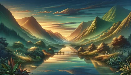 Rolgordijnen Tranquil landscape with reflective water and symbolic bridge © Kylan