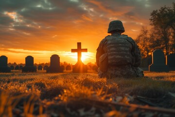 Soldiers at the cemetery visit the grave of a fighting friend. Background with selective focus and...