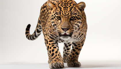 Naklejka premium Majestic striped feline, , staring, walking in nature beauty generated by AI