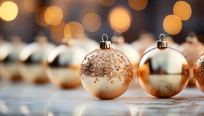 Shiny gold ornament illuminates Christmas celebration, glowing with vibrant elegance generated by AI