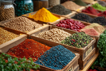 A bustling food market with stalls offering a variety of colorful spices, herbs, and ingredients, creating a sensory explosion of flavors. Concept of diverse culinary delights. Generative Ai.