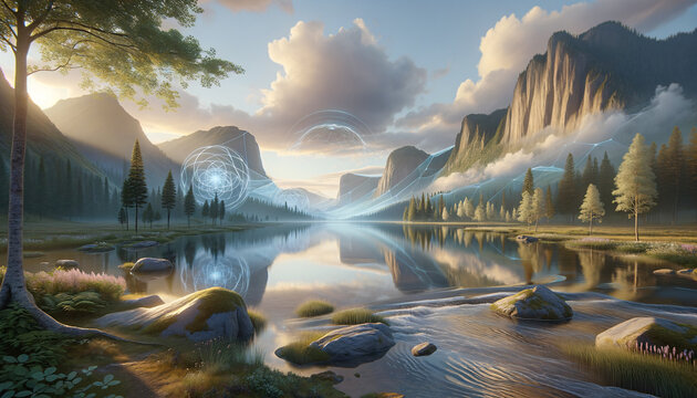Tranquil landscape with harmonious spatial computing integration.