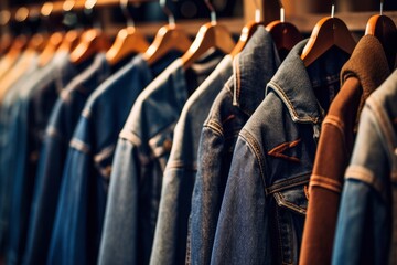 Denim jackets hanging on the rack in a clothing store - obrazy, fototapety, plakaty