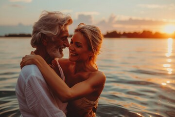 A blissful couple shares a passionate embrace while standing waist-deep in crystal clear water, the warm hues of the setting sun painting the sky above them as they bask in the love and joy of their 