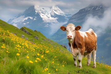 Fototapeta na wymiar A solitary cow gazes at the vibrant sea of flowers in the vast meadow, surrounded by majestic mountains, embodying the tranquil harmony of nature and livestock coexisting in a peaceful outdoor landsc