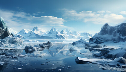 Majestic mountain range reflects tranquil blue sky in frozen landscape generated by AI