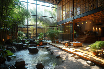 A residence incorporating bamboo and reclaimed wood for construction, showcasing a commitment to...
