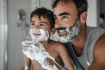 A father and son share a moment of laughter, their faces covered in playful foam, framed by the starkness of a white wall and the warmth of their smiles