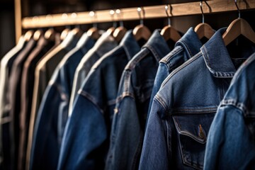 Denim jackets hanging on the rack in a clothing store