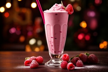 Tasty raspberry milkshake with creamy white chocolate. Generative AI - obrazy, fototapety, plakaty