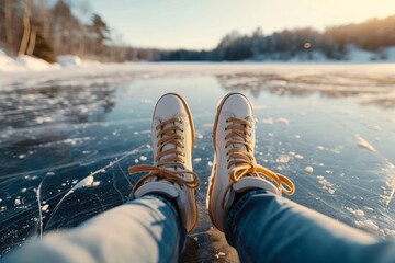 A solitary figure braves the bitter chill of winter, standing upon a frozen lake adorned with a pair of pristine white shoes, a striking contrast against the serene backdrop of water and snow - obrazy, fototapety, plakaty