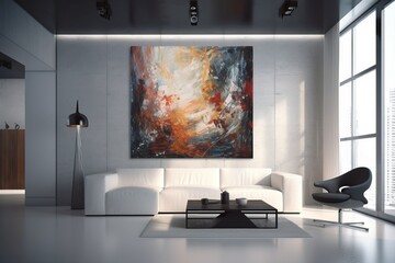 Nowoczesne wnętrze salonu prawdziwego domu, ogromny obraz, nowoczesne wnętrze z dużym obrazem akrylowym na ścianie Generative AI