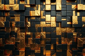 Elaborate wall mosaic made of gold blocks in arabesque pattern, creating a glossy and luxurious 3D background. Generative AI - obrazy, fototapety, plakaty
