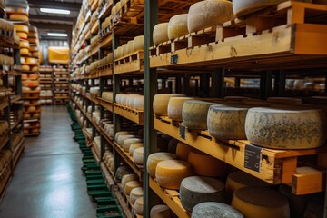 A bustling indoor store displays a plethora of delicious cheese varieties, stacked neatly on large shelves in a warehouse-like setting