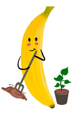 Hand drawn illustration - a funny banana planting plants with cool expression. Perfect for agricultural product, food logo, T-Shirt design. 