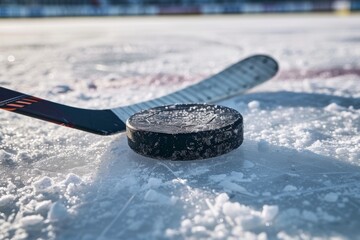 The frozen surface of the outdoor ice rink reflects the winter sky, as a lone hockey stick and puck glide effortlessly over the glistening snow-covered ground