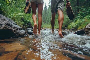 Amidst the peaceful flow of the river, two hikers stand surrounded by nature, their feet firmly planted on the rocky ground, clad in sturdy boots and outdoor clothing as they make their way across th - Powered by Adobe
