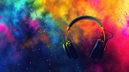 World music day banner with headset headphones on abstract colorful dust background. Music day event and musical instruments colorful design - obrazy, fototapety, plakaty