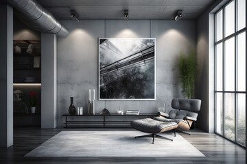 Nowoczesne wnętrze salonu prawdziwego domu, ogromny obraz, nowoczesne wnętrze z dużym obrazem akrylowym na ścianie Generative AI - obrazy, fototapety, plakaty