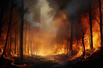 A massive fire ravages the forest. Generative AI - obrazy, fototapety, plakaty