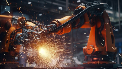 Metal worker using automated welding equipment in factory workshop generated by AI
