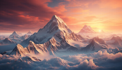 Majestic mountain peak reflects sunset, nature beauty in panoramic view generated by AI - obrazy, fototapety, plakaty