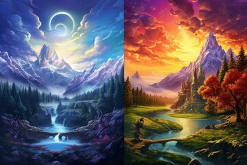 Imaginative 4K dog-inspired artwork in pointillism style showcasing epic middle-earth landscapes of forests, mountains, and castles. Generative AI - obrazy, fototapety, plakaty