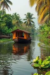 Fototapeta na wymiar A lone boat glides through the tranquil river, surrounded by lush trees and a clear blue sky, as a boathouse and houseboat reflect in the calm waters, evoking a sense of peacefulness and natural beau