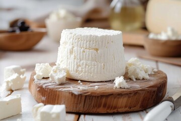 Fototapeta na wymiar An array of creamy cheeses, from tangy limburger to rich parmigianoreggiano, sit upon a rustic wooden board, ready to be savored with buttery crackers and fruity jams for a delectable indoor indulgen