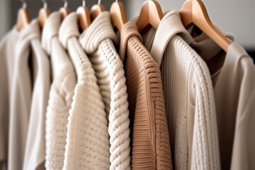 Fototapeta premium Knit jackets hanging on the rack in a clothing store