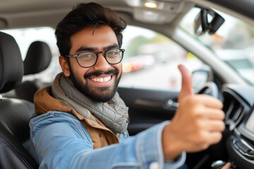 A stylish man with glasses confidently drives his car, flashing a charming smile and giving a thumbs up to the world through his rearview mirror