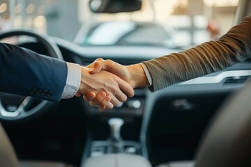 Two individuals connect through a firm handshake beside a sleek car, showcasing their confidence and partnership in the great outdoors