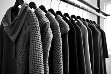 Obraz premium Knit jackets hanging on the rack in a clothing store
