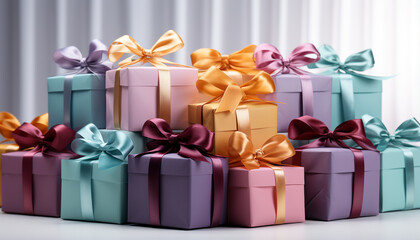 A large stack of wrapped gift boxes in various colors generated by AI - obrazy, fototapety, plakaty
