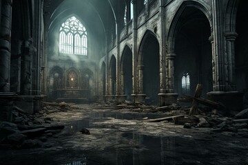 Illustration of an abandoned church with traces of past beliefs. Generative AI
