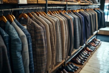 Fototapeta premium A line of impeccably tailored suits hanging on clothes hangers in a boutique shop, symbolizing the polished facade of the swinging lifestyle and the hidden secrets within the closet