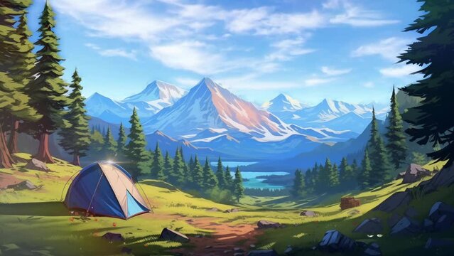 Animated illustration of a camping tent with a view of the mountains. 4k loop animation with anime cartoon or digital painting style. Background animation.