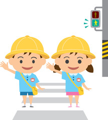 横断歩道を渡る男の子と女の子のイメージイラスト