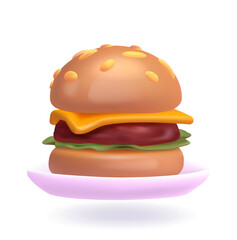 Fast food 3d icon. Hamburger at dish. Dessert and delicacy, takeaway eating. Candy and sweet. Poster, banner or cover. Cartoon isometric vector illustration isolated on white background