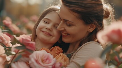Cute little preschooler daughter hug cuddle with smiling young mother kiss show love and affection, small girl child embrace happy millennial mom or nanny, share close intimate moment together - obrazy, fototapety, plakaty