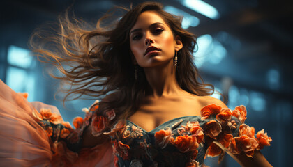 Naklejka premium Young woman with long brown hair looking at camera outdoors generated by AI