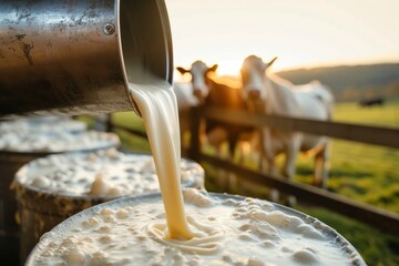 A rustic scene unfolds as a farmer pours freshly milked dairy from the lush green fields into waiting buckets, providing sustenance and nourishment for those enjoying a meal in the great outdoors