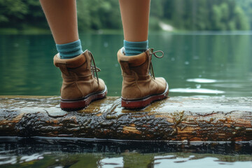 A solitary figure stands in the peaceful serenity of the great outdoors, their feet firmly planted in sturdy boots upon a fallen log as it basks in the cool embrace of the tranquil lake