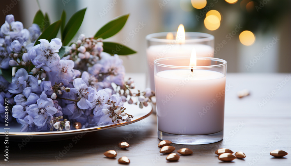 Canvas Prints freshness and relaxation in nature candlelight, a table decoration generated by ai