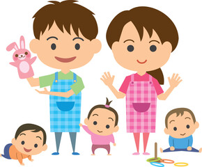 子供達と遊ぶ保育士の男女