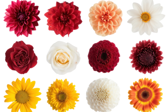 Top-down view Various Flowers isolated on transparent and white background.PNG image	