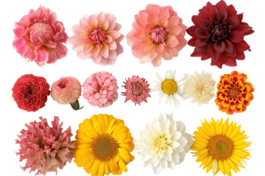 Top-down view Various Flowers isolated on transparent and white background.PNG image	