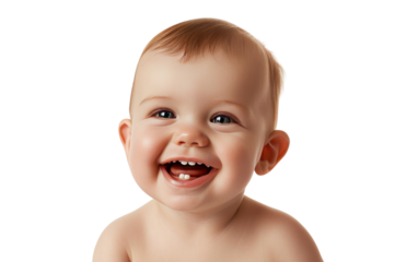 smiling cute baby with 2 teeth isolated on transparent and white background.PNG image
