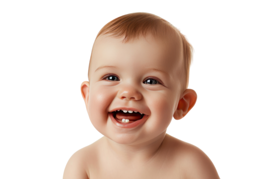smiling cute baby with 2 teeth isolated on transparent and white background.PNG image