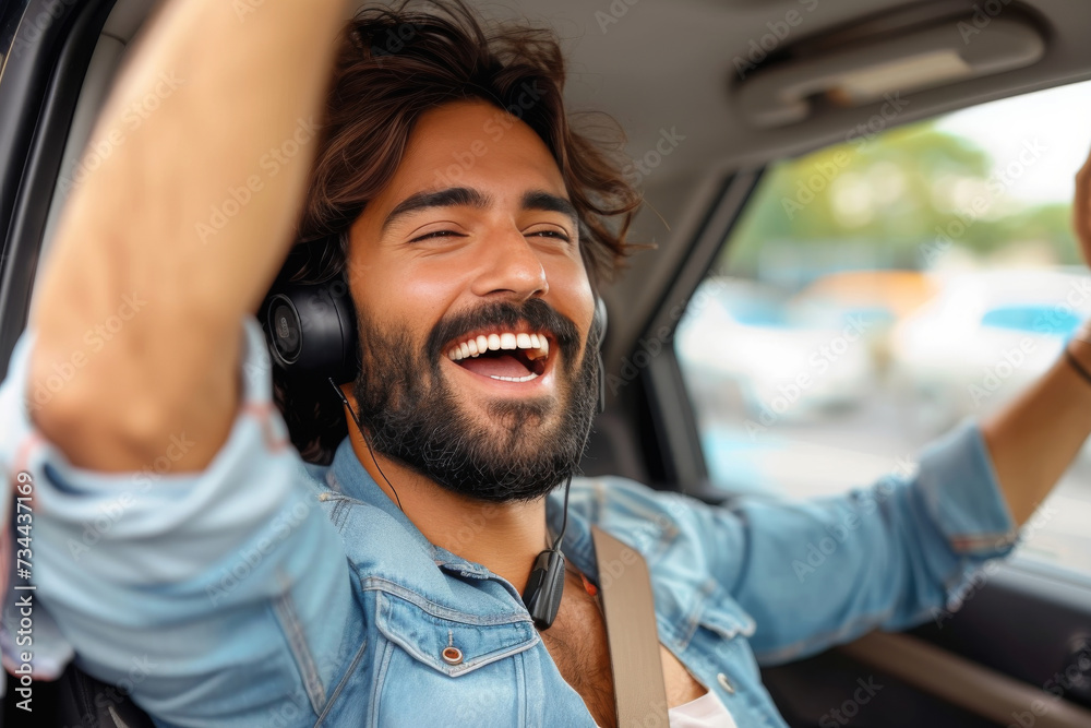 Canvas Prints A bearded man sits in his car, smiling as he listens to music through his headphones, enjoying the freedom of the open road